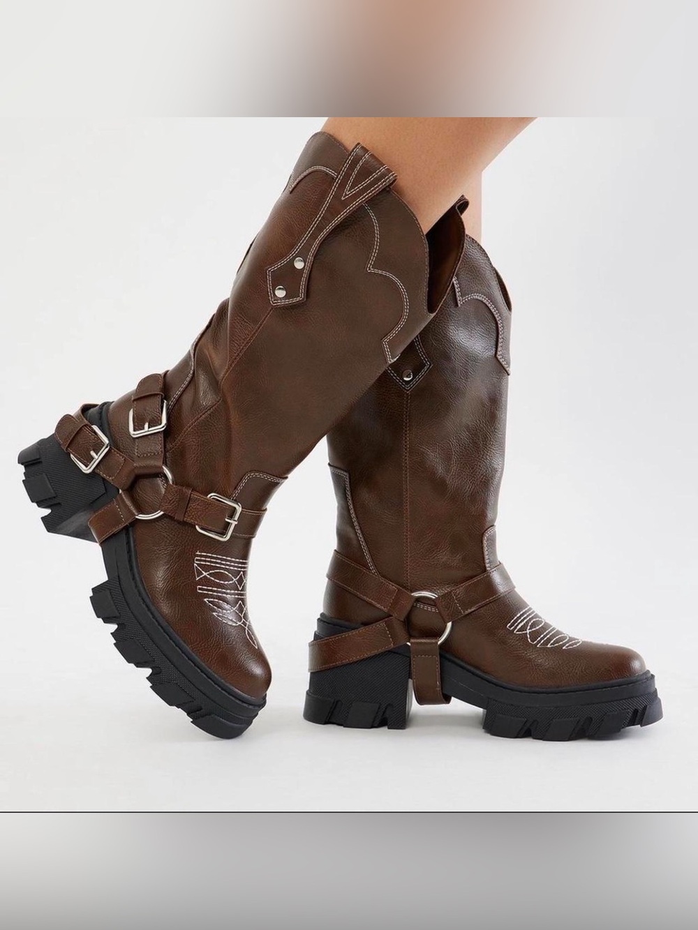 Women’s Brown Chunky Western Harness Boots